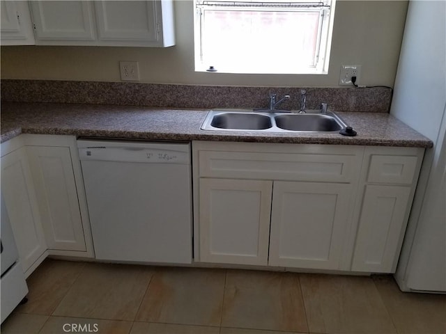 29039 Eveningside Dr, Castaic, CA 91384 - kitchen with white dishwasher, a sink, white cabinets, and light tile patterned floors