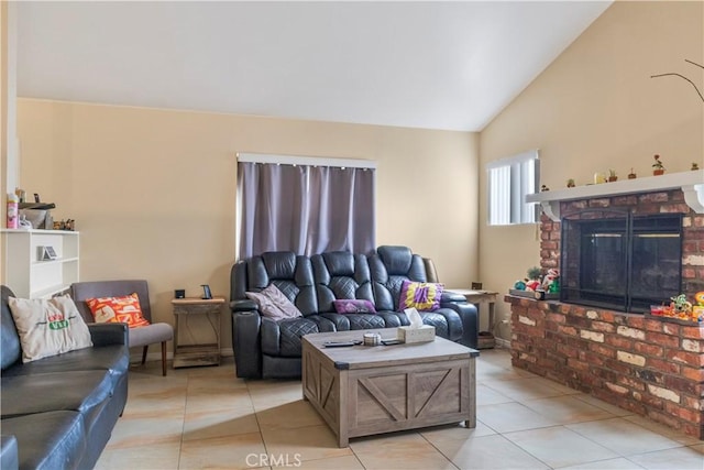 29039 Eveningside Dr, Castaic, CA 91384 - living area with light tile patterned flooring, a brick fireplace, and high vaulted ceiling
