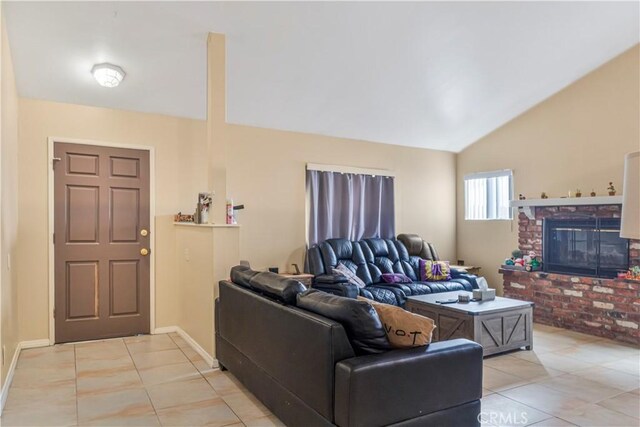29039 Eveningside Dr, Castaic, CA 91384 - living room featuring light tile patterned flooring, baseboards, a brick fireplace, and lofted ceiling