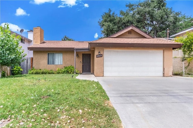 29039 Eveningside Dr, Castaic, CA 91384 - ranch-style house featuring stucco siding, driveway, an attached garage, a chimney, and roof with shingles
