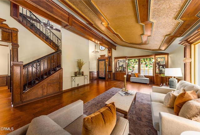 10484 Creek Rd, Oak View, CA 93022 - living area featuring wood finished floors, stairway, and vaulted ceiling