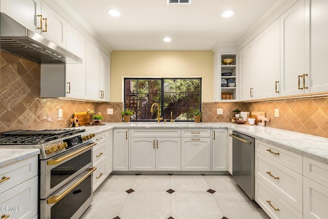 10484 Creek Rd, Oak View, CA 93022 - kitchen featuring under cabinet range hood, stainless steel appliances, white cabinets, recessed lighting, and a sink