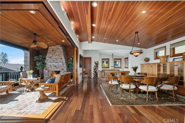 624 6th St, Manhattan Beach, CA 90266 - dining space with lofted ceiling, wood finished floors, wooden ceiling, ceiling fan, and recessed lighting