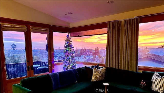 624 6th St, Manhattan Beach, CA 90266 - living area with lofted ceiling, french doors, and a view of city