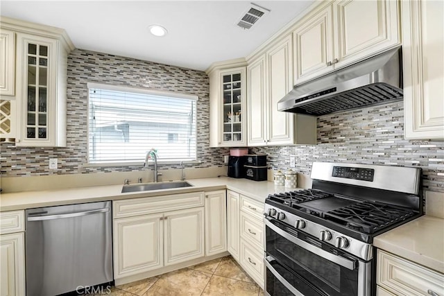 518 Hawthorne St, Glendale, CA 91204 - kitchen featuring appliances with stainless steel finishes, under cabinet range hood, a sink, cream cabinetry, and recessed lighting
