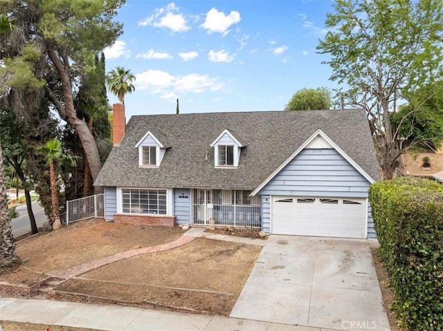 895 Huston Dr, Riverside, CA 92507 - cape cod-style house featuring concrete driveway, roof with shingles, a garage, and a chimney