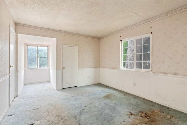 895 Huston Dr, Riverside, CA 92507 - unfurnished room with wallpapered walls, a textured ceiling, carpet floors, and a wainscoted wall