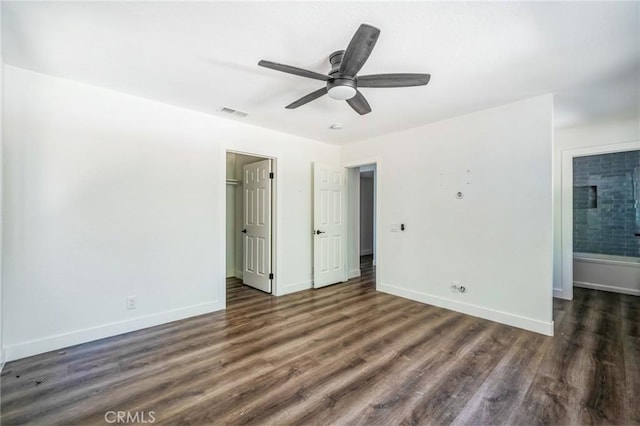 18675 La Ventana Rd, Murrieta, CA 92562 - unfurnished bedroom featuring wood finished floors, baseboards, ceiling fan, and ensuite bath