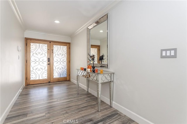 9434 Mclennan Ave, Northridge, CA 91343 - foyer with french doors, baseboards, crown molding, wood finished floors, and recessed lighting