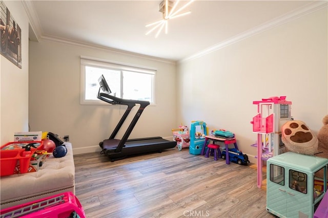 9434 Mclennan Ave, Northridge, CA 91343 - game room with ornamental molding, wood finished floors, and baseboards