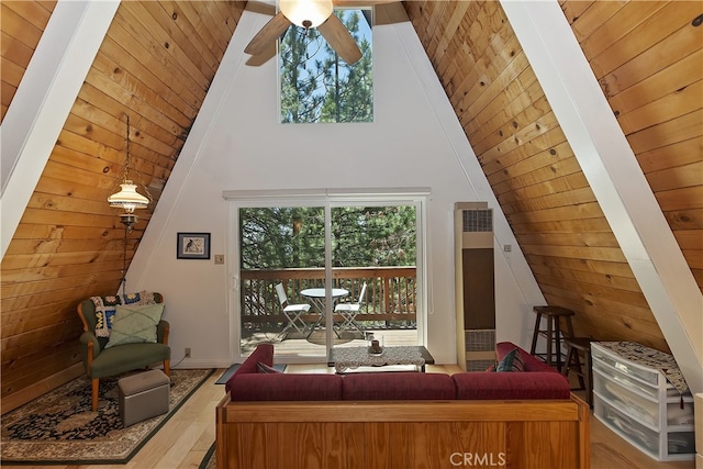 31115 All View Dr, Running Springs, CA 92382 - living room featuring vaulted ceiling, a heating unit, wood finished floors, wooden ceiling, and a ceiling fan