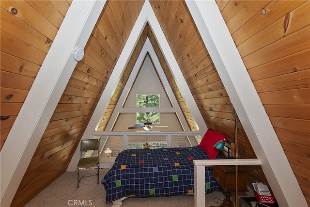 31115 All View Dr, Running Springs, CA 92382 - sitting room featuring wood walls, wooden ceiling, lofted ceiling, carpet floors, and a ceiling fan
