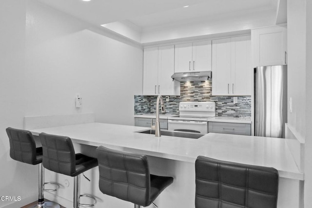 435 La Fayette Park Pl Unit 102, Los Angeles, CA 90057 - kitchen with freestanding refrigerator, white range with electric cooktop, under cabinet range hood, a peninsula, and backsplash