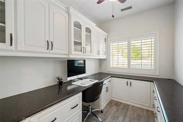 23592 Beech St, Hemet, CA 92545 - unfurnished office featuring built in study area, a ceiling fan, and light wood-style floors