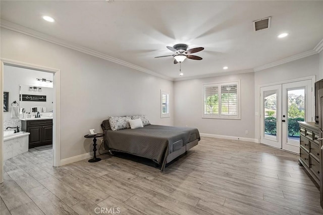 23592 Beech St, Hemet, CA 92545 - bedroom with access to exterior, light wood finished floors, ornamental molding, ensuite bathroom, and a sink