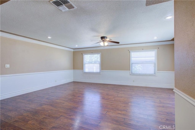 2001 5th St, Atwater, CA 95301 - unfurnished room with crown molding, ceiling fan, a textured ceiling, wood finished floors, and recessed lighting