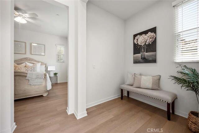 144 Borrego, Irvine, CA 92618 - living area with light wood-style flooring, a ceiling fan, and baseboards