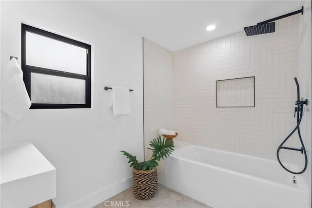 2220 Halladay St, Santa Ana, CA 92707 - bathroom featuring shower / tub combination, baseboards, recessed lighting, and tile patterned flooring