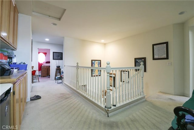 15541 Bow String St, Victorville, CA 92394 - hallway featuring light colored carpet, recessed lighting, and an upstairs landing