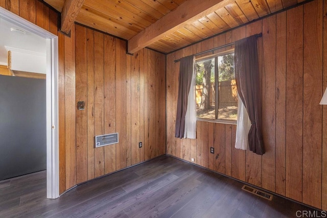 31450 Oceanview Dr, Running Springs, CA 92382 - empty room featuring wooden walls, a wood ceiling with exposed beams, and dark wood-style floors