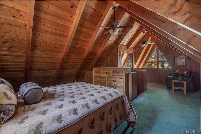 31450 Oceanview Dr, Running Springs, CA 92382 - bedroom featuring wood ceiling, wood walls, and carpet flooring