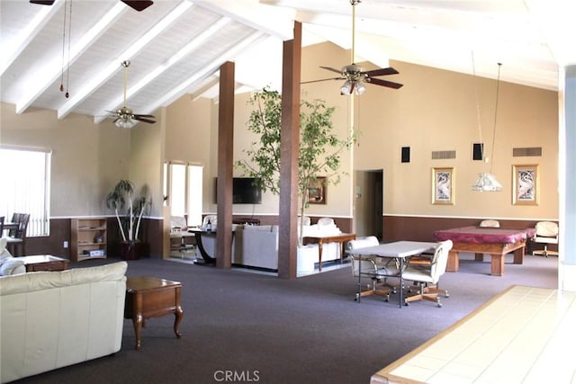 25584 Sharp Dr Unit D, Hemet, CA 92544 - living area featuring a ceiling fan, high vaulted ceiling, carpet floors, billiards table, and beam ceiling