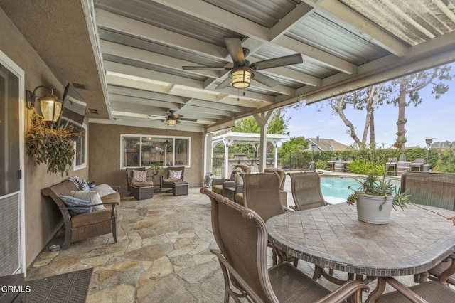 1099 N Agusta Ave, Camarillo, CA 93010 - fenced backyard featuring ceiling fan, outdoor dining space, and a patio