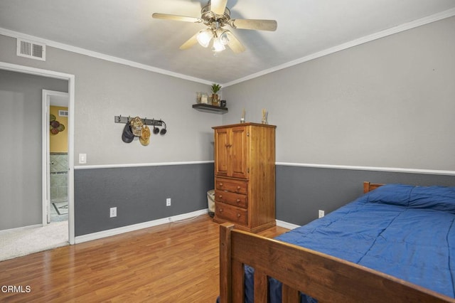 1099 N Agusta Ave, Camarillo, CA 93010 - bedroom with light wood-style flooring, ornamental molding, and a ceiling fan