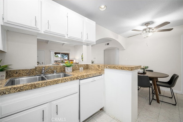 3721 Country Club Dr Unit 18, Long Beach, CA 90807 - kitchen featuring white dishwasher, a ceiling fan, white cabinets, light tile patterned floors, and recessed lighting