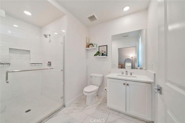 142 Juniper Dr, Rancho Mission Viejo, CA 92694 - bathroom featuring toilet, a shower stall, vanity, marble finish flooring, and baseboards