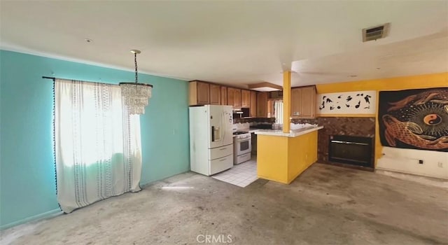 3748 W 118th St, Hawthorne, CA 90250 - kitchen with white fridge with ice dispenser, range, a peninsula, a chandelier, and unfinished concrete flooring