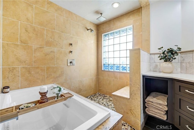 6612 Karin Pl, San Gabriel, CA 91775 - full bathroom featuring a bath, tile walls, and tiled shower