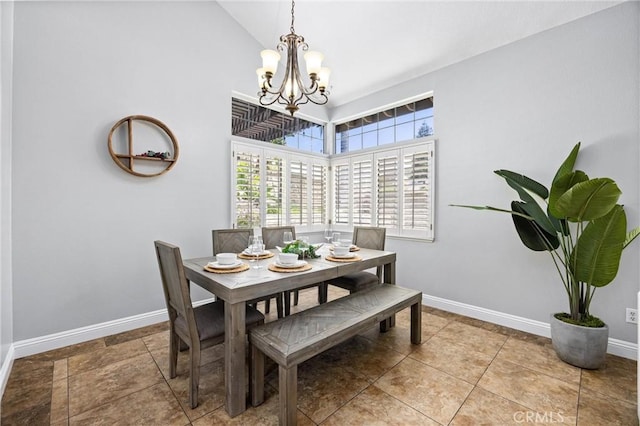 2300 Meadow View Ln, Chino Hills, CA 91709 - dining space with a chandelier, baseboards, and high vaulted ceiling