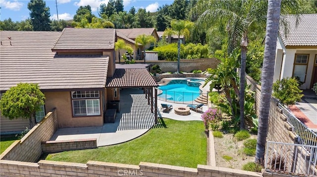 2300 Meadow View Ln, Chino Hills, CA 91709 - view of swimming pool with an outdoor fire pit, a patio, and a pool with connected hot tub