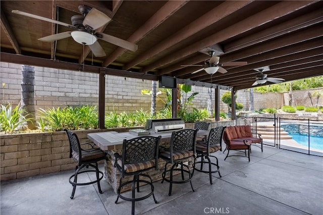 2300 Meadow View Ln, Chino Hills, CA 91709 - fenced backyard featuring a ceiling fan, a patio, outdoor dining area, and grilling area