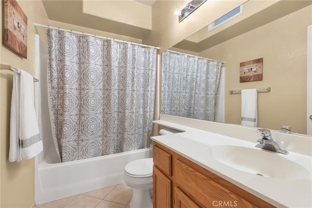 26835 Eclipse Dr, Menifee, CA 92585 - full bathroom with toilet, tile patterned floors, vanity, and shower / tub combo with curtain