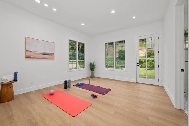 18150 Via Ascenso, Rancho Santa Fe, CA 92067 - workout room featuring light wood-style floors, recessed lighting, and baseboards