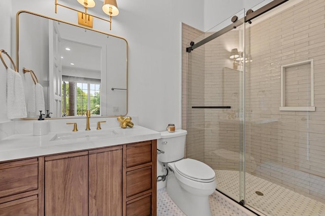 18150 Via Ascenso, Rancho Santa Fe, CA 92067 - full bathroom with vanity, toilet, a stall shower, and tile patterned floors