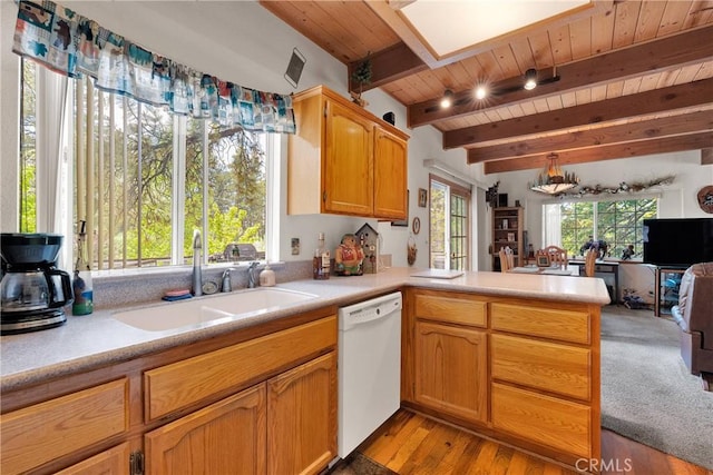 908 Knickerbocker Rd, Big Bear Lake, CA 92315 - kitchen featuring dishwasher, a sink, wood ceiling with exposed beams, open floor plan, and a peninsula