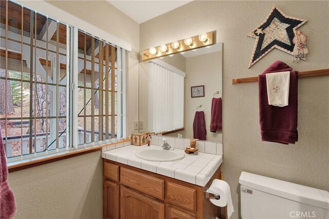 908 Knickerbocker Rd, Big Bear Lake, CA 92315 - half bathroom featuring a textured wall, healthy amount of natural light, toilet, and vanity
