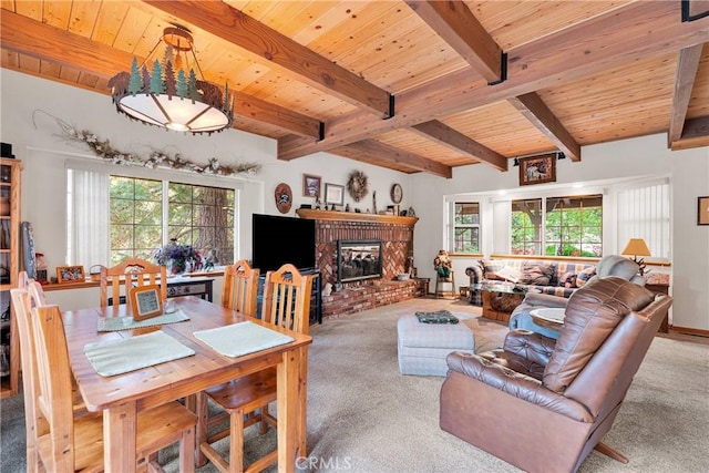 908 Knickerbocker Rd, Big Bear Lake, CA 92315 - living room with carpet floors, wood ceiling with exposed beams, and a fireplace