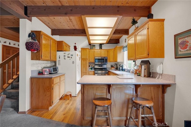 908 Knickerbocker Rd, Big Bear Lake, CA 92315 - kitchen featuring stainless steel appliances, wooden ceiling with exposed beams, a peninsula, a sink, and light countertops