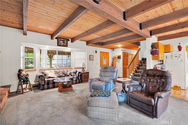 908 Knickerbocker Rd, Big Bear Lake, CA 92315 - carpeted living area with wooden ceiling with exposed beams and stairs