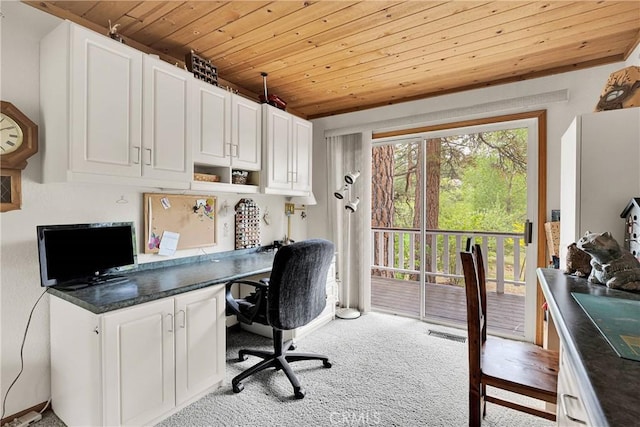908 Knickerbocker Rd, Big Bear Lake, CA 92315 - carpeted home office featuring wooden ceiling and built in desk