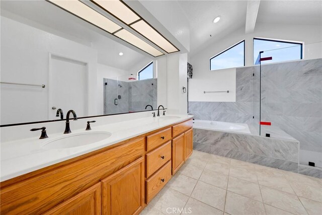 867 Winding Brook Ln, Walnut, CA 91789 - full bath with a garden tub, a marble finish shower, double vanity, and tile patterned flooring