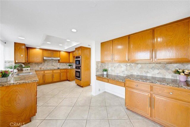 867 Winding Brook Ln, Walnut, CA 91789 - kitchen with a sink, under cabinet range hood, a tray ceiling, tasteful backsplash, and light stone countertops