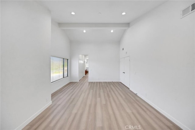 867 Winding Brook Ln, Walnut, CA 91789 - spare room with beamed ceiling, baseboards, high vaulted ceiling, recessed lighting, and light carpet