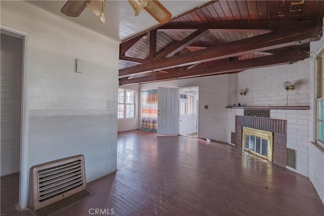 17196 Barbee St, Fontana, CA 92336 - unfurnished living room with a fireplace, wood finished floors, ceiling fan, heating unit, and wood ceiling