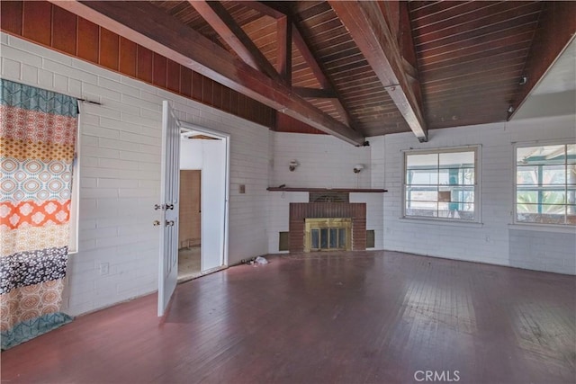 17196 Barbee St, Fontana, CA 92336 - unfurnished living room with wood-type flooring, a fireplace, and wooden ceiling