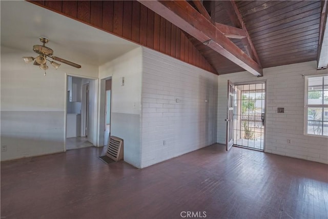 17196 Barbee St, Fontana, CA 92336 - spare room with wood finished floors, ceiling fan, brick wall, and wood ceiling
